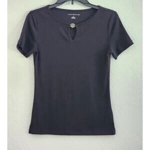TOP/BLOUSE-TOMMY HILFIGER-Black-Short Sleeves-Keyhole Neckline-Simple Style-SP